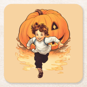 Dessous De Verre Carré Citrouille d'Halloween, Happy Young Boy