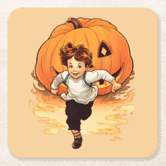 Dessous De Verre Carré Citrouille d'Halloween, Happy Young Boy