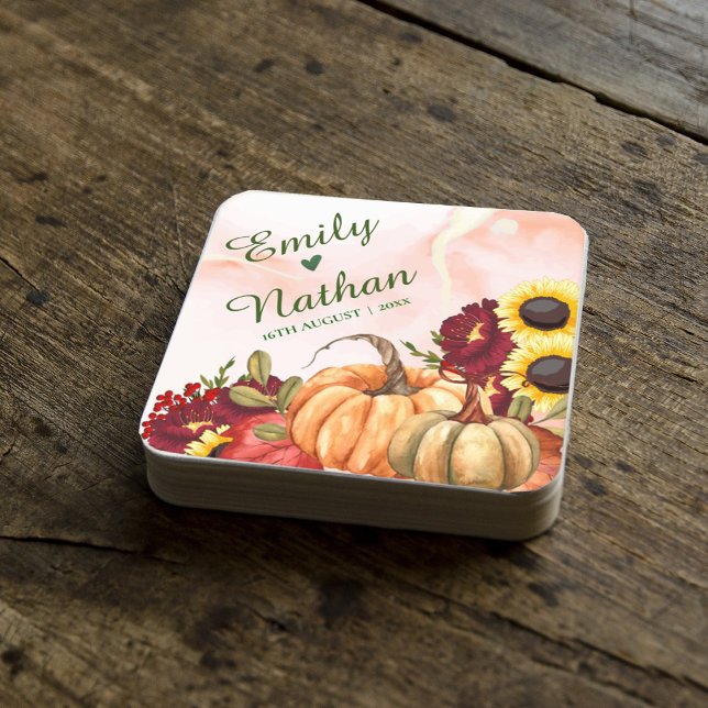 Dessous De Verre Carré Citrouille Feuilles d'automne Tournesol Mariage de (Pumpkin Autumn Leaves Sunflower Fall Wedding Party Square Paper Coaster)