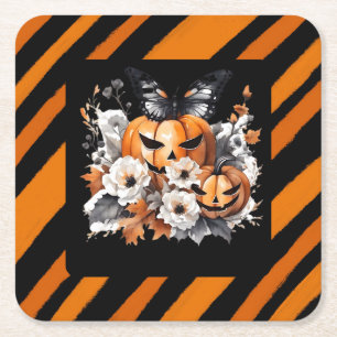 Dessous De Verre Carré Citrouille florale d'Halloween orange