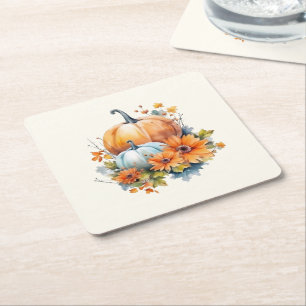 Dessous De Verre Carré Citrouilles d'automne avec Fleurs et Foliage