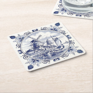 Dessous De Verre Carré Classique Vintage Chic Hollandais Windmill Delft B