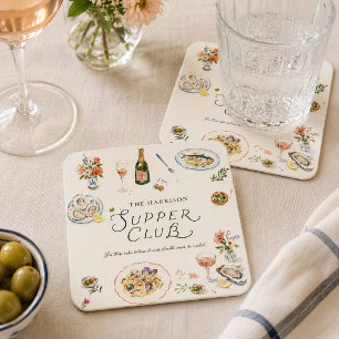 Dessous De Verre Carré Club de Souper Côtiers Fantaisiste Aquarelle