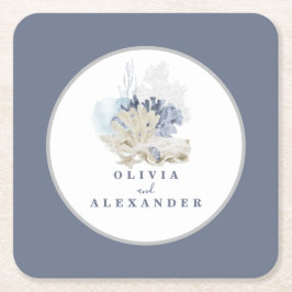 Dessous De Verre Carré Coastal Beach bleu coquillage mariage