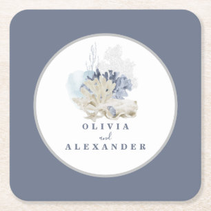 Dessous De Verre Carré Coastal Beach bleu coquillage mariage