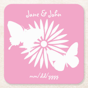 Dessous De Verre Carré Coasters Fleurs et Papillons en Rose Pâle