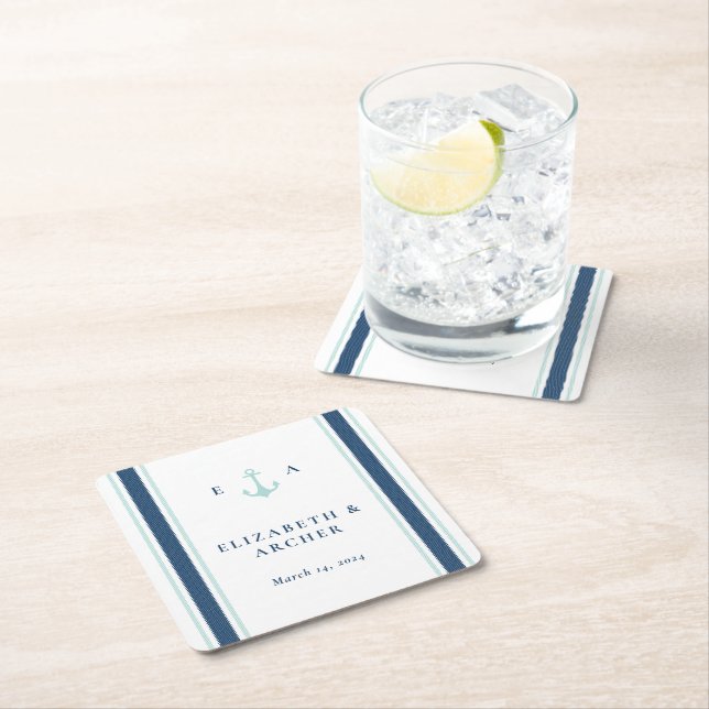 Dessous De Verre Carré Cocktail Mariage Monogramme nautique (En situation)