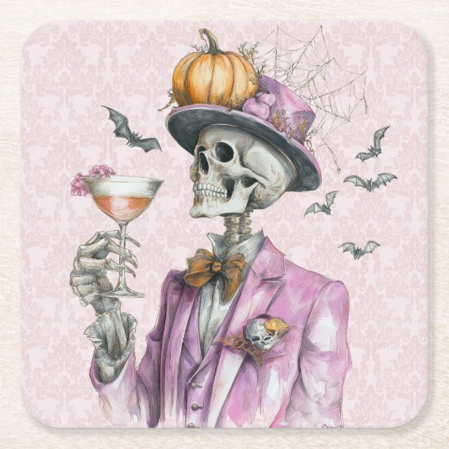 Dessous De Verre Carré Cocktail soirée gothique Squelette Halloween (Devant)