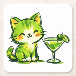 Dessous De Verre Carré Cocktails verts et chats