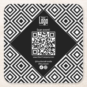 Dessous De Verre Carré Code QR scannable, CTA, www, Social Black & White