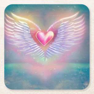 Dessous De Verre Carré Cœur ailé arc-en-ciel pastel