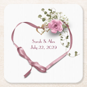 Dessous De Verre Carré Coeur de ruban rose avec Rose