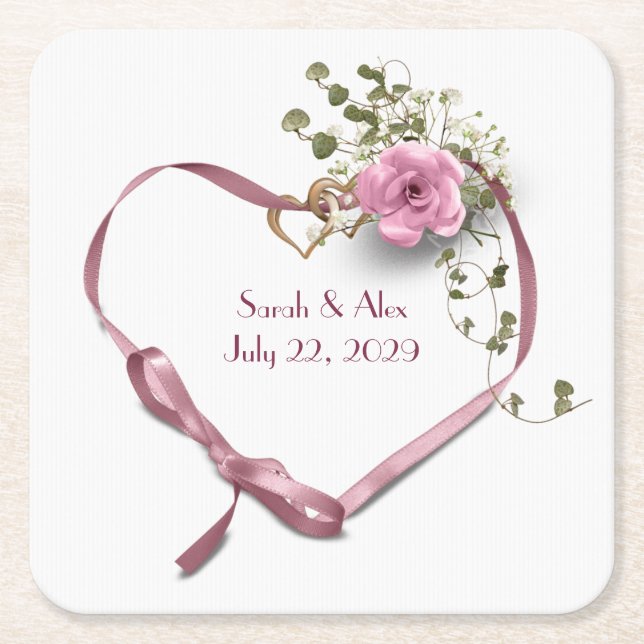 Dessous De Verre Carré Coeur de ruban rose avec Rose (Devant)