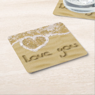 Dessous De Verre Carré Coeur "Love you" écrit dans Sable