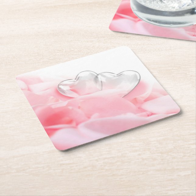 Dessous De Verre Carré Coeurs de verre romantique Pétales Roses (Incliné)