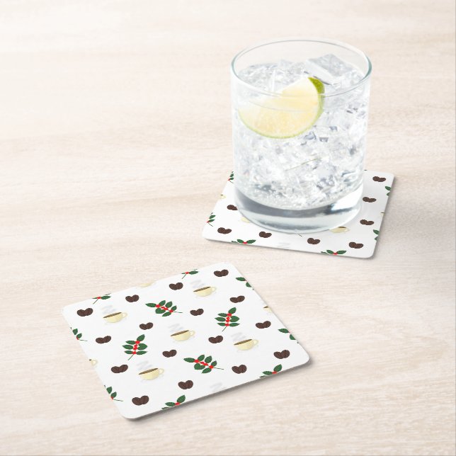 Dessous De Verre Carré Coffee Pattern with Beans, Cups, and Coffee trees (En situation)