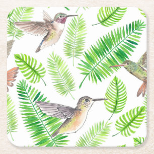 Dessous De Verre Carré Colibris et feuilles tropicaux