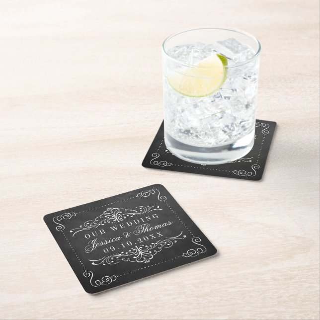 Dessous De Verre Carré Collection de Mariages Ornate Chalkboard (En situation)