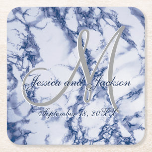 Dessous De Verre Carré Conception de marbre bleu monogramme