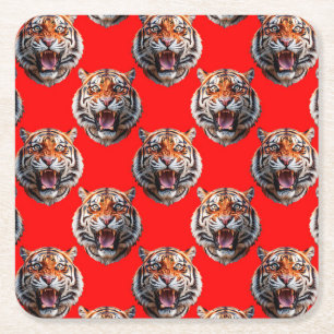 Dessous De Verre Carré Conception de motif tête de tigre rouge