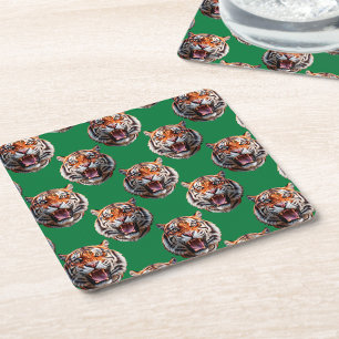 Dessous De Verre Carré Conception de motif tête de tigre vert