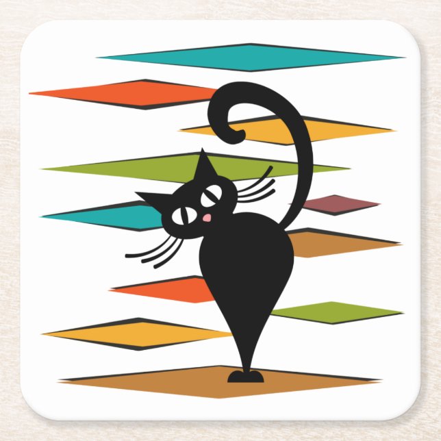 Dessous De Verre Carré Conception du chat noir du milieu du siècle (Devant)