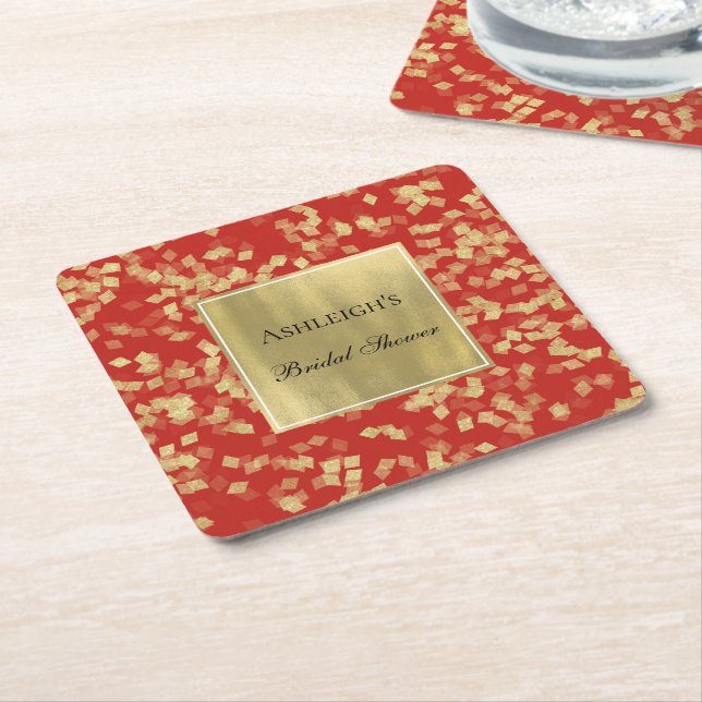 Dessous De Verre Carré Confetti doré rouge Glam  (Incliné)