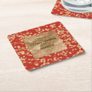 Dessous De Verre Carré Confettis Or Rouge Abstrait Anniversaire