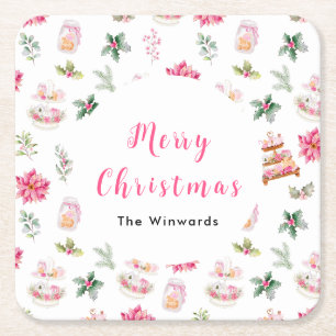 Dessous De Verre Carré Cookies de Noël et feuillage rose