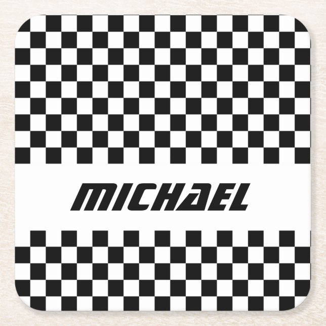 Dessous De Verre Carré Cool Racing noir et blanc Checker Nom de l'indicat (Devant)