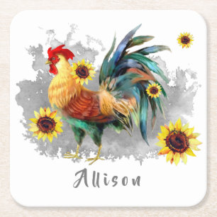 Dessous De Verre Carré Coq avec tournesol Personnalisé