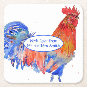 Dessous De Verre Carré Coq Rouge Poulet Bleu Aquarelle Mariage