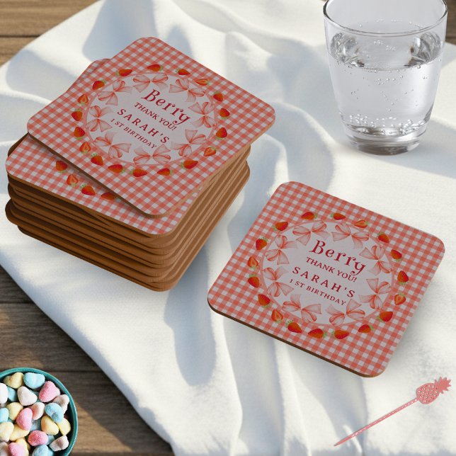 Dessous De Verre Carré Coquette Berry First Birthday Red Gingham  (Coquette Berry First Birthday Red Gingham Square Paper Coaster)