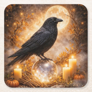 Dessous De Verre Carré Corbeau sur une boule de cristal bougies mystiques