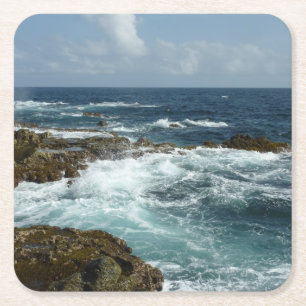 Dessous De Verre Carré Côte rocheuse d'Aruba et océan bleu