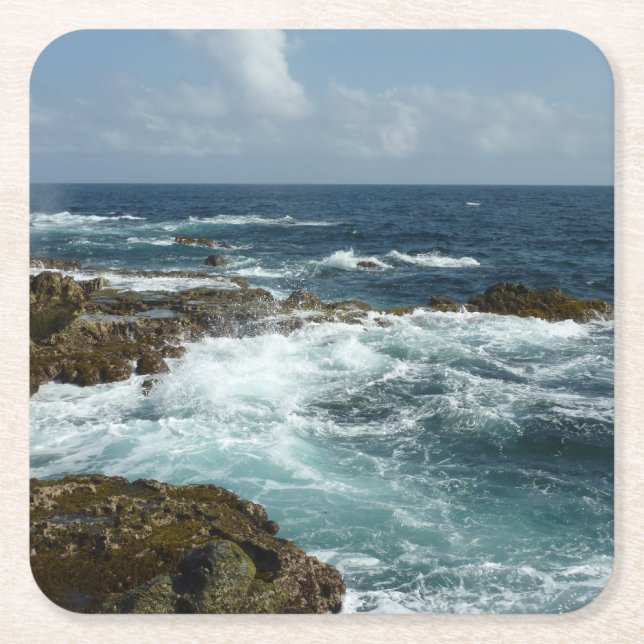 Dessous De Verre Carré Côte rocheuse d'Aruba et océan bleu (Devant)
