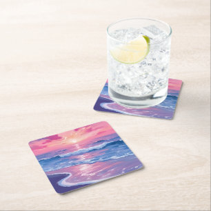 Dessous De Verre Carré Coucher de soleil océanique rose vague aquarelle