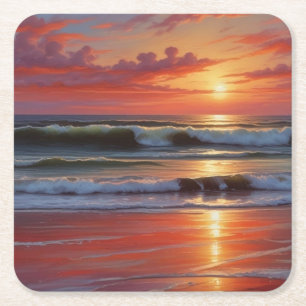 Dessous De Verre Carré Coucher Rouge Océan Peinture de paysage marin