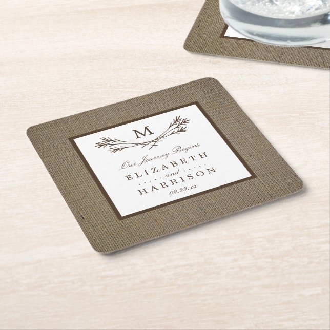 Dessous De Verre Carré Country Rustic Monogramme Branche & Mariage Burlap (Incliné)