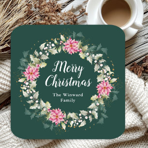 Dessous De Verre Carré Couronne de Noël aux Poinsettias Roses Joyeux Noël