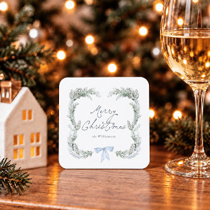 Dessous De Verre Carré Couronne de Noël botanique au ruban bleu