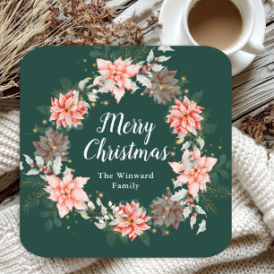 Dessous De Verre Carré Couronne de poinsettias rouges Joyeux Noël