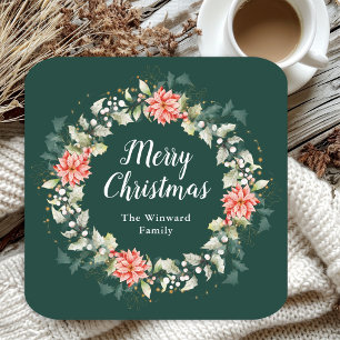 Dessous De Verre Carré Couronne de poinsettias rouges Joyeux Noël