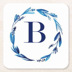 Dessous De Verre Carré Couronne florale bleue 'B'