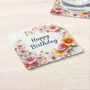 Dessous De Verre Carré Couronne florale élégante Joyeux Anniversaire