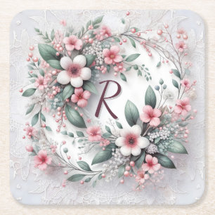 Dessous De Verre Carré Couronne Florale Monogramme Sur Dentelle