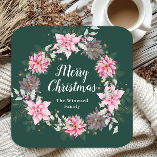 Dessous De Verre Carré Couronne rose Poinsettia Joyeux Noël