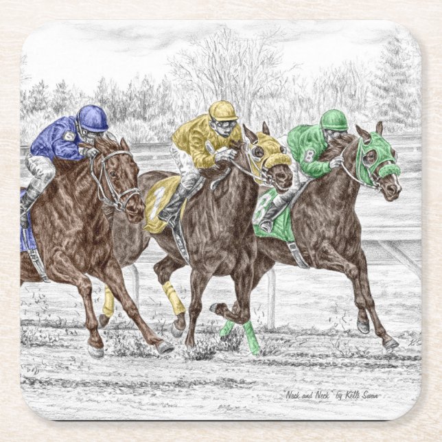 Dessous De Verre Carré Course à trois chevaux - Cou et Cou (Devant)
