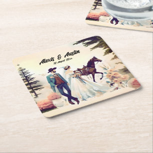 Dessous De Verre Carré Cowboy, mariée et Mariage du cheval