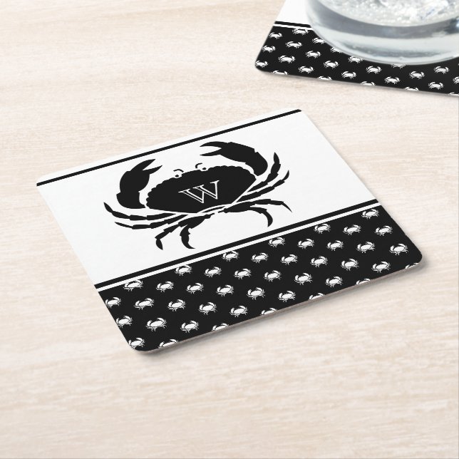 Dessous De Verre Carré Crabe marine Monogramme noir et blanc (Incliné)